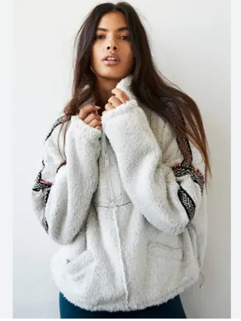 Free People Plush Teddy Jacket in Light Gray with Patterned Sleeves